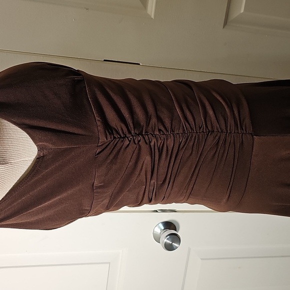 Y2K, Baby Doll Elegant Brown Sleeveless Dress. Rouched, Midi, Size Large. - Picture 5 of 7